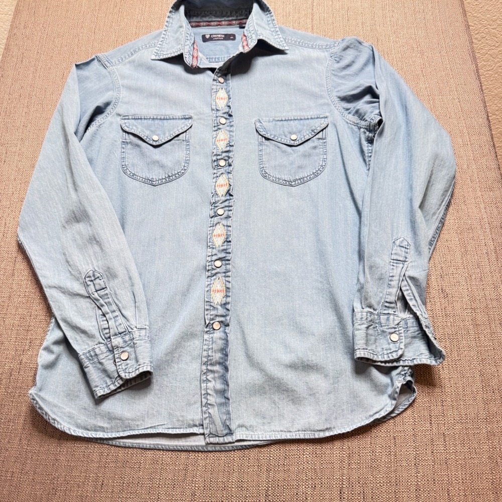 Cremieux Collection Denim Western Snap Shirt Light Wash Southwestern Embroidered
